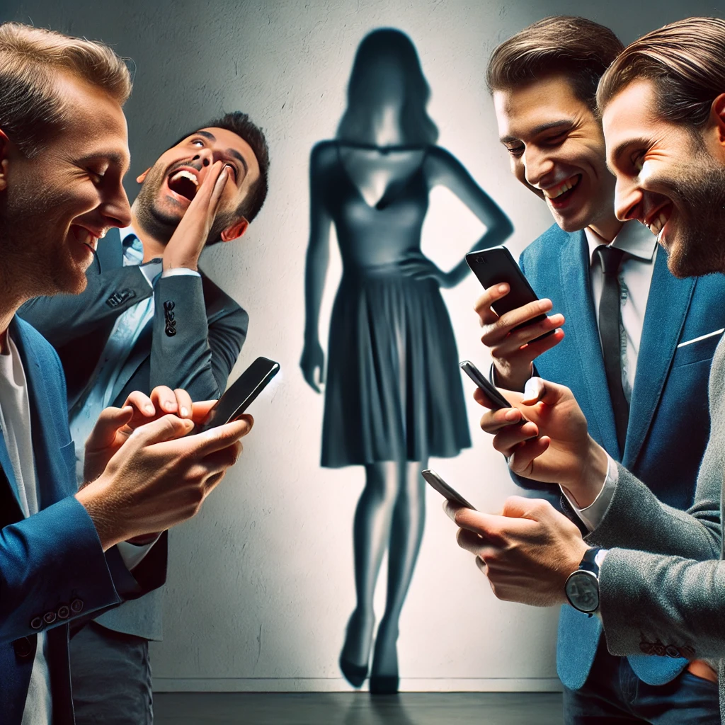 DALL·E 2025-01-29 16.12.58 - A faceless woman depicted as a mannequin or a shadow, standing in the background. In the foreground, several men of different ages and social statuses