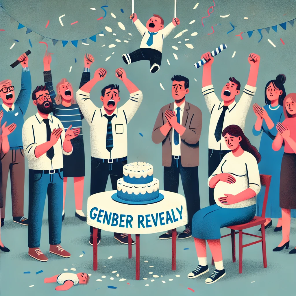 DALL·E 2025-01-30 10.17.18 - A gender reveal party scene where the crowd erupts in exaggerated celebration upon the announcement of a baby boy. Men cheer loudly, some smashing cak